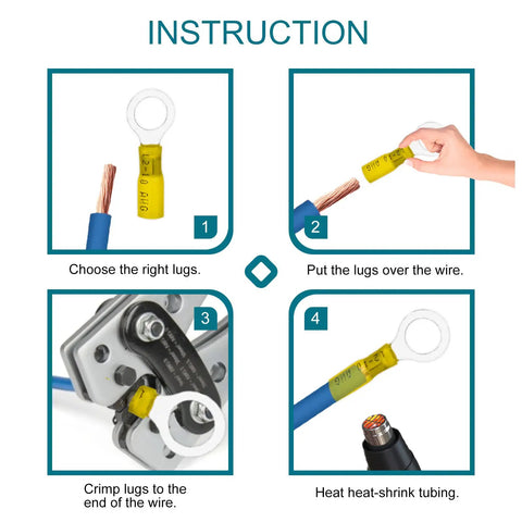 Instruction steps for 60 Pieces Heat Shrink Wire Connectors And Ring Terminals For 12 10 AWG Automotive And Marine Wiring M10.