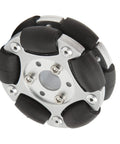 Close-up front view of a 60mm aluminium alloy robot omni wheel with black rubber rollers