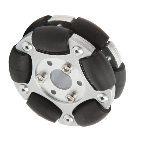 Close-up front view of a 60mm aluminium alloy robot omni wheel with black rubber rollers