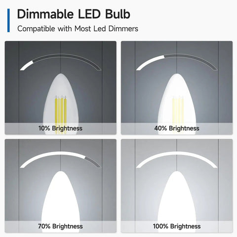 Dimming range of 12 Pack E12 Candelabra LED Bulbs 60W Equivalent Daylight 5000K, Dimmable, Long Lifespan with four brightness levels shown.