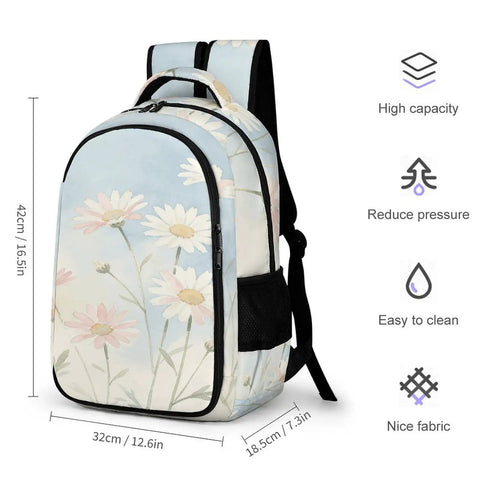 Pastel Pink White Daisies Printed Unisex Backpack with large capacity and durable polyester for school, work, and travel.