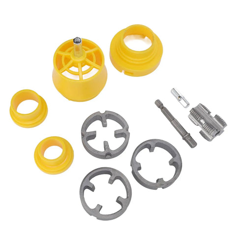 Ppr Pipe Threader Kit With 4 Inch Hex Shank Designed For G1/2 And G3/4 Standard Threads, showing yellow plastic and metal components.