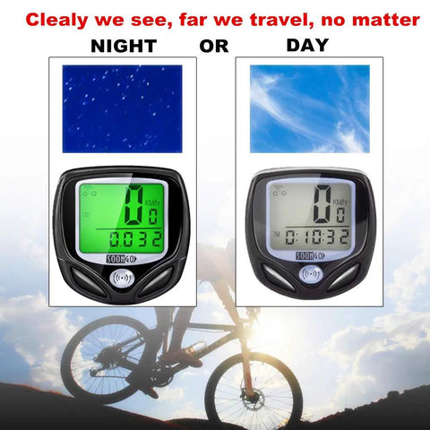 Wireless Bike Speedometer And Cycle Computer With LCD Display showing night and day readability.