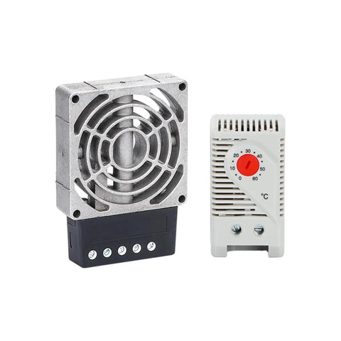 Compact Cast Aluminum Electric Air Heater With Industrial Distribution Box 100 To 200 Watt 220 Volt High Performance Cartridge showing control panel and fan.