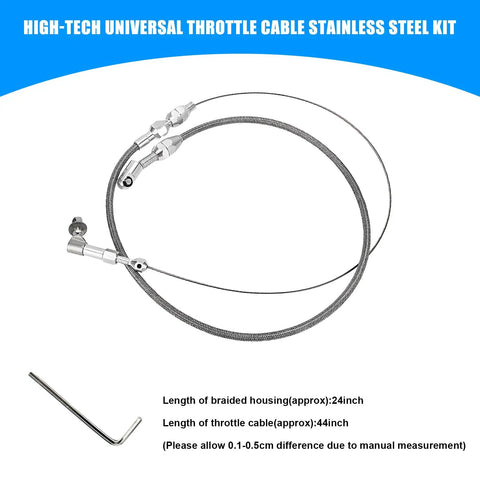Braided 24 Inch Throttle Cable Kit For Cars And Trucks, stainless steel gas cable shown with aluminum ferrule fittings, easy install