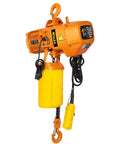 Heavy Duty 1 Ton Chain Hoist, Single Phase Electric Motor With Double G80 Mount Chain And Pendant Control, yellow and orange design.