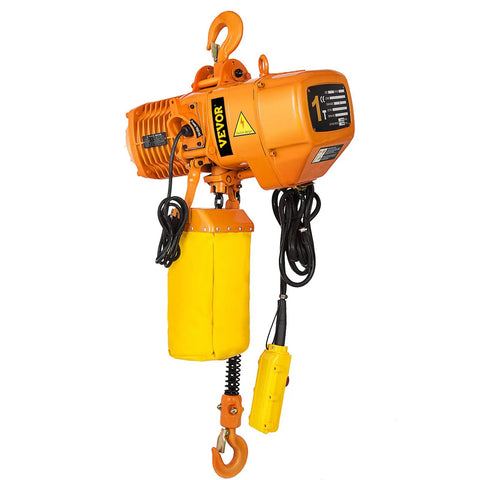 Heavy Duty 1 Ton Chain Hoist, Single Phase Electric Motor With Double G80 Mount Chain And Pendant Control, yellow and orange design.