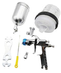 Heavy Duty Air Spray Gun With Slick Quick Connect Wash Free Tanks 600CC Mixing Reservoir And 400CC Paint Cup showing nozzle and attachments.