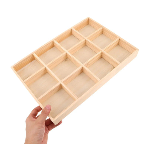 Solid Wood Jewelry Storage Tray With Twelve Grids For Rings And Bracelets Drawer Organizer Keeps Your Daily Bling Neat For Bedroom Nightstand Or Clean Office Desk Setup, held in hand.