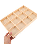 Straight Up Premium Solid Wood Jewelry Tray With 12 Divided Compartments, being held, natural wood finish, sturdy organizer.