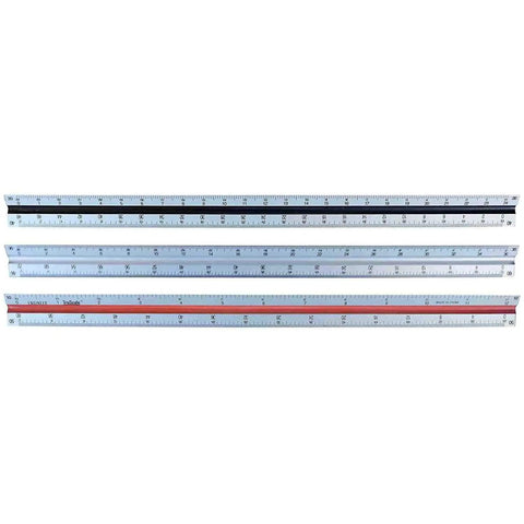 Four 12 Inch Aluminum Triangular Engineering Scale Rulers with Six Scales, color-coded for architects and engineers.