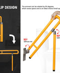 Heavy Duty Foldable Toilet Grab Bar With Flip Up Bathroom Safety Rail Non Slip Shower Support Handle Heavy Lifter Core No Sweat Grip Reliable Ride For Seniors And Mobility Users shown in vertical flip position.