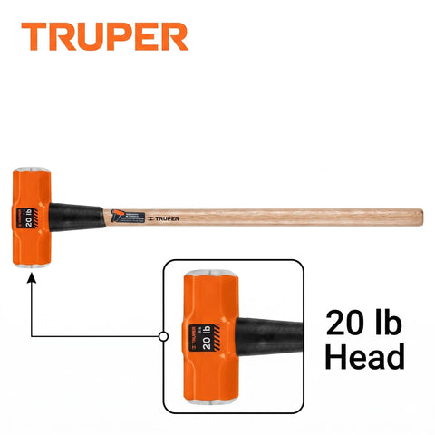 Image of TRUPER 20 Pound Sledge Hammer With 36 Inch Hickory Handle Heavy Duty Forged Steel Head Induction Hardened And Tempered