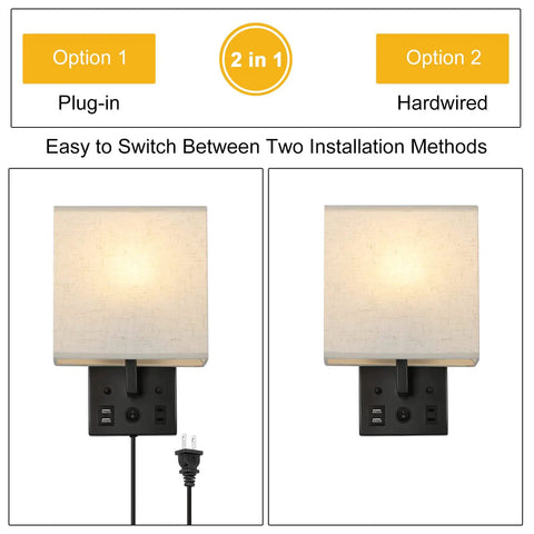 Bedside Wall Lamp Set Of 2 With Plug-In Cord, Modern Sconces showing plug-in and hardwired installation options