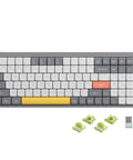 Ultra Slim Wireless Mechanical Keyboard With 100 Keys And Custom RGB Backlit Lighting Featuring Bluetooth Five Point One And Fast Wired Modes For Pcs Mac Laptops In Sleek Grey With Smooth Gateron Aloe Switches That Hit Different Daily, top view with keycaps and USB receiver.