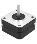 Front view of Nema 17 stepper motor with silver faceplate, black alloy body, four mounting holes, protruding shaft