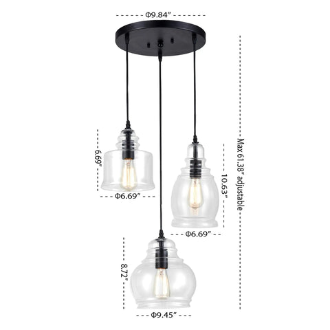 Three Light Modern Cluster Glass Pendant Lights With Amber Glass Shades For Kitchen Island And Dining Room, shown with dimensions.