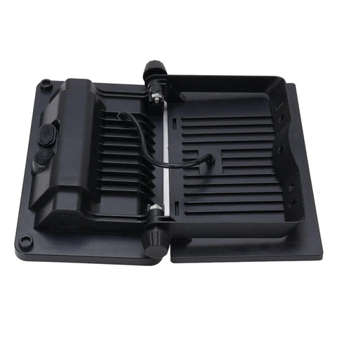 GOWENIC Solar Powered Floodlight, 4 Lighting Modes, Foldable 180 Degree, black plastic base with cooling fins and mount.