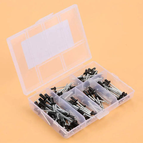 Pro Grade Aluminum Blind Rivet Kit With Storage Case 120 Pieces In Six Sizes M2.4x6mm to M4.0x8mm in open plastic case