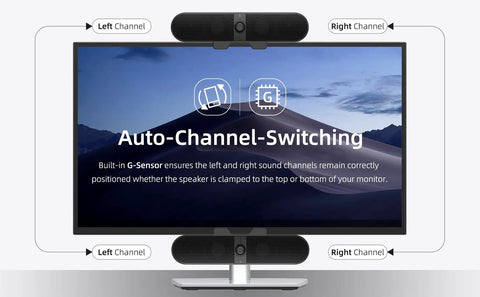 Desktop PC Speakers For Computer with sturdy clamp attached to monitor, showcasing auto-channel-switching feature, USB plug in ready