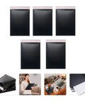 Five Pack Black Tear Resistant Bubble Pouches With Waterproof Self Adhesive Seal For Mailing And Shipping Delicate Gear Like Jewelry Medals Glass And Small Gifts shown in different uses