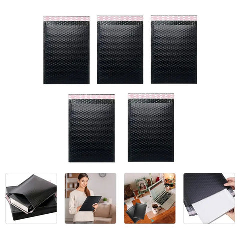 Five Pack Black Tear Resistant Bubble Pouches With Waterproof Self Adhesive Seal For Mailing And Shipping Delicate Gear Like Jewelry Medals Glass And Small Gifts shown in different uses