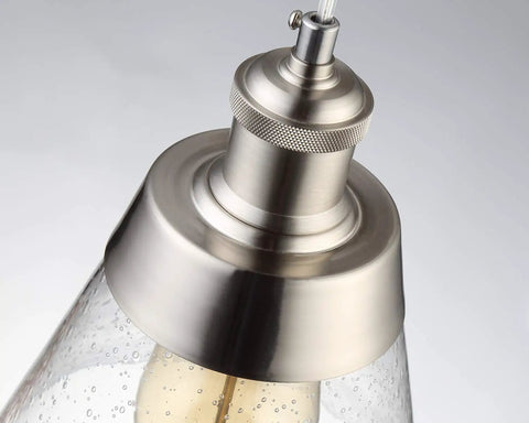 Close-up of the brushed nickel finish on Dope Handblown Seeded Glass Pendant Light with Edison bulb detail.