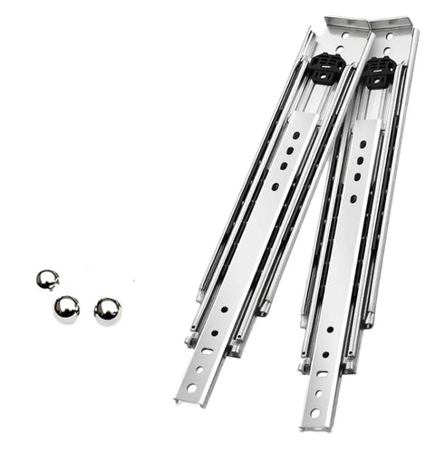 Heavy Duty Ball Bearing Drawer Slides 76mm Wide Full Extension Cabinet Guides with three chrome balls, 68 Inch long, durable.