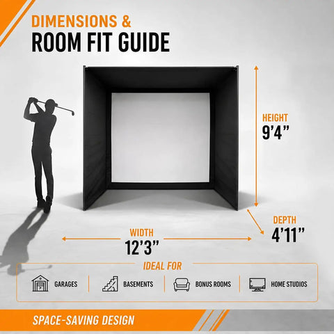 All In One Indoor Golf Simulator Bundle With Durable Enclosure Launch Monitor And Projector For Home Use Spacious 12 Ft 3 In By 4 Ft 11 In By 9 Ft 4 In Enclosure For Realistic Ball Flight And Shot Feedback dimensions.