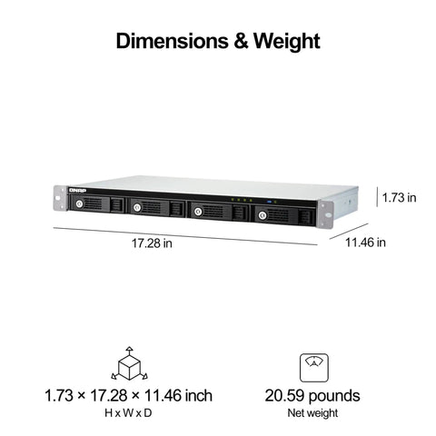 Rugged Four Bay External Storage Enclosure Featuring Swappable Hot Trays And Effortless Usb Type C Hookups For Dependable Direct Attached Raid Deployments dimensions showing 1.73 x 17.28 x 11.46 inches