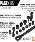 KNECT 15-Piece Pass Through Socket Set For SAE And Impact Drivers With MODbox Case Includes Pro Grade Sockets Bits Accessories And Three Eighths Inch Drive Adapter; showing sockets and wrench.