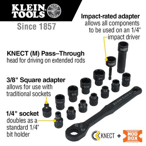 KNECT 15-Piece Pass Through Socket Set For SAE And Impact Drivers With MODbox Case Includes Pro Grade Sockets Bits Accessories And Three Eighths Inch Drive Adapter; showing sockets and wrench.