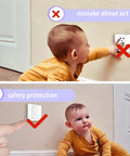 Infant reaching for outlet with and without Kid Safe Outlet Covers 32 Pack With Hidden Pull Handle for child proofing.