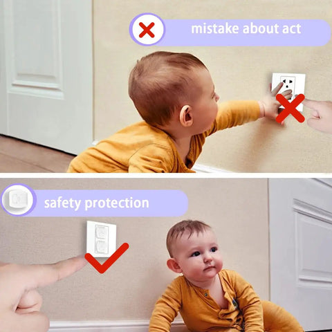 Infant reaching for outlet with and without Kid Safe Outlet Covers 32 Pack With Hidden Pull Handle for child proofing.