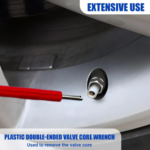 Pro-Grade Car AC Fuel Line Quick Disconnect Tool Kit With Seven Sizing Bits valve core remover in use with close-up view