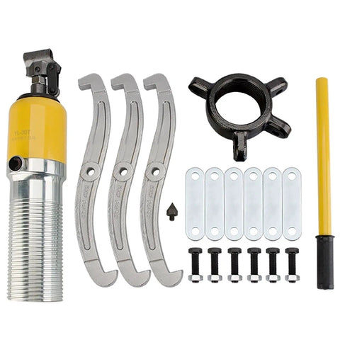 Heavy Duty Hydraulic Bearing Puller Kit Handles Hubs Gears Pulleys From Shafts Using 2 Or 3 Jaw Options For Max Grip While Doing Vertical And Horizontal Jobs Comes With Storage Case Making Job Easier For You Pro Mechanic Working Today Right Now. Hydraulic puller kit with steel jaws and handle, laid out for hub and gear removal.