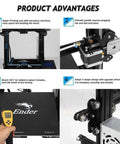 Image showing product advantages of Ender 3 3D Printer With Resume Printing Function, highlighting structure, extruder, build heat, and wheels.
