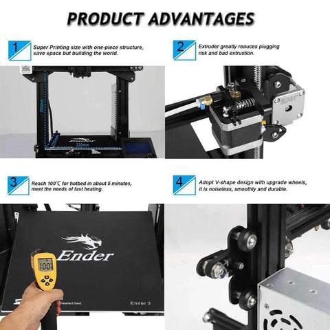 Image showing product advantages of Ender 3 3D Printer With Resume Printing Function, highlighting structure, extruder, build heat, and wheels.