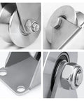 3In V Groove Wheel Stainless Steel Heavy Duty Beefy Caster with double bearings for sliding gates and V track rails, close-up views.