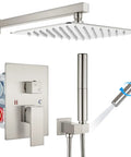 Brushed Nickel Wall Mount Shower Faucet Set With 12 Inch Square Rainfall Showerhead, 2 In 1 Cylindrical Handheld Shower
