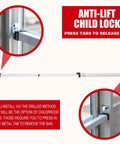 Extendable Window Security Bar 14.25 to 37 Inches Heavy Duty Iron Easy Install Child Proof For Horizontal And Vertical Windows White Finish Deterrent Provides Up To 250 Pound Force shown with anti-lift locks
