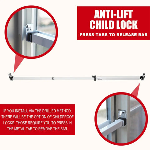 Extendable Window Security Bar 14.25 to 37 Inches Heavy Duty Iron Easy Install Child Proof For Horizontal And Vertical Windows White Finish Deterrent Provides Up To 250 Pound Force shown with anti-lift locks