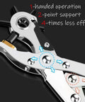 Leather Belt Hole Puncher Set With 3 Round Holes, ergonomic handle; showing 1-handed operation, 2-point support, labor-saving feature.