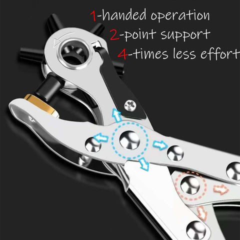 Leather Belt Hole Puncher Set With 3 Round Holes, ergonomic handle; showing 1-handed operation, 2-point support, labor-saving feature.