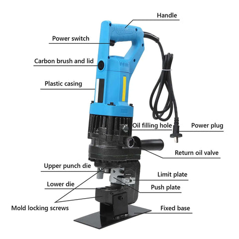 1300W Electric Hydraulic Hole Puncher For Metal And Steel Plates 110V 50Hz 10T Output Punch Tool with labeled parts