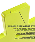 Close-up of neon powder-coated AR500 steel target showing 1/2-inch thickness, emphasizing durability and construction details.