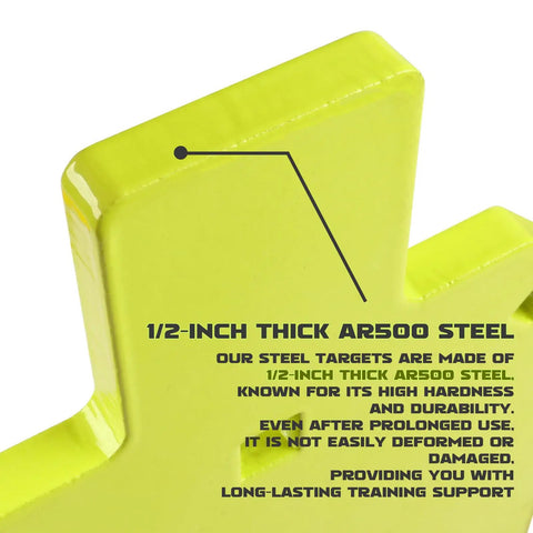 Close-up of neon powder-coated AR500 steel target showing 1/2-inch thickness, emphasizing durability and construction details.
