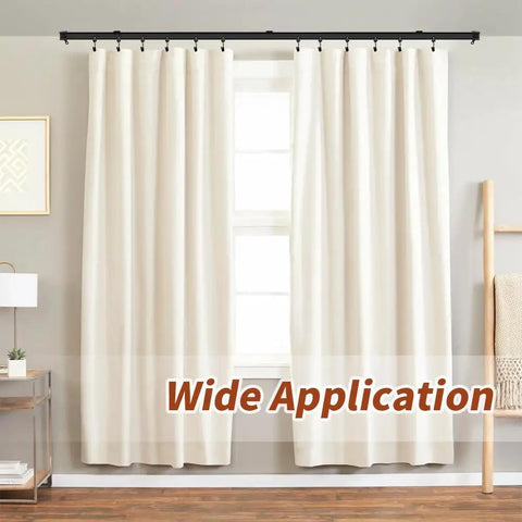 10-Foot Flexible Black Curtain Track System With Bendable Curved Rail For Ceiling Or Wall Mount, Sliding Track For Bay Window RV Room Dividers, Includes Brackets And Easy Fuss Installation. Black curtain track with cream curtains mounted above a wide window.