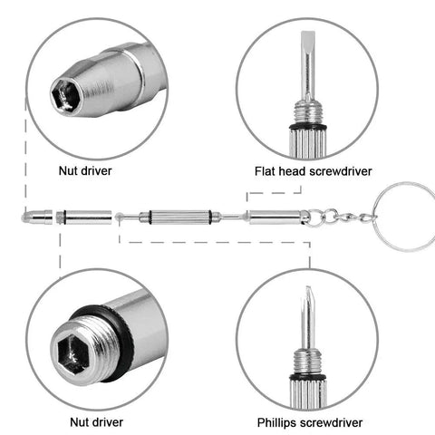 All In One Eyeglasses Repair Kit With 1100 Tiny Screws, micro screwdriver with nut driver, flat and Phillips head view