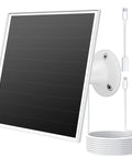 6W Outdoor Security Camera Solar Panel With Micro USB And USB C Port For Battery Cameras, wall-mounted, cable coiled.
